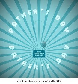 Happy Father's Day vector poster with turquoise man silhouette, circle of text with on the background with rays.
