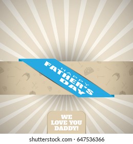 Happy Father's Day vector poster with blue and brown stripe with pattern on the background with rays.