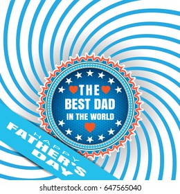 Happy Father's Day vector poster with blue and red label with net pattern on the background with blue and white rays.