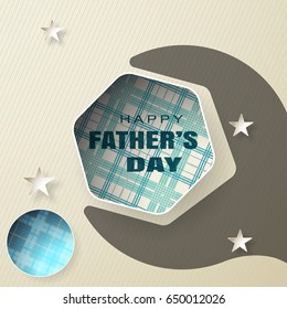 Happy Father's Day vector poster with wrench silhouette, stars, round shape and hexagon label with line pattern on the gradient brown background with striped pattern.