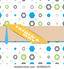 Happy Father's Day vector poster with text, blue tie, brown ribbon with line pattern on the background with hexagon pattern.