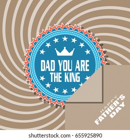 Happy Father's Day vector poster with blue label and brown paper pocket on the background with curved rays.