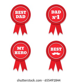 Happy Fathers Day. Vector red label with ribbons. Reward for a best father. Vector illustration