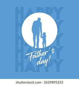 Happy Father's Day Vector with Silhouette of Dad and Child Holding Hands on Blue Background.