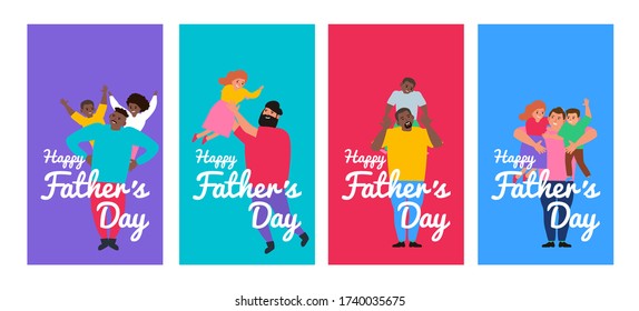 happy father's day vertical cards set for social media .father and his children vector illustration