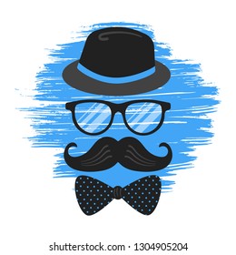 Happy fathers day vintage retro composition flat style design vector illustration isolated on white background. Male hat, glasses, brush stroke, tie bow and mustaches - symbols of super dad.