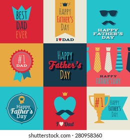 Happy fathers day vintage retro badges set. Flat style vector illustration.