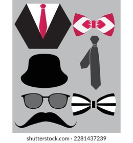 happy father's day vintage vector illustration. glasses, sunglass, Hat, mustache, Bow, tie icon.. happy father's day silhouette.