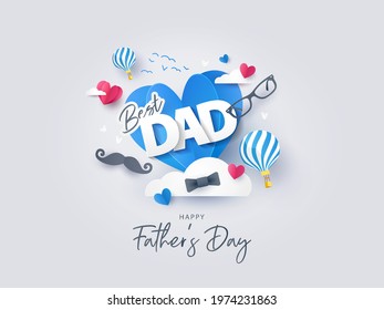 Happy Father's Day website banner, greeting card, or poster design with flying origami hearts over clouds, air balloons, paper mustache, glasses and bow tie. Paper art, digital craft style.