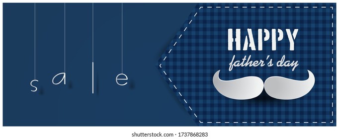 happy fathers day wide big banner . Father's day gray design. Holiday design, checkered blue background, paper cut out mustache shaped, paper cut out art style, vector illustration. hanging letters