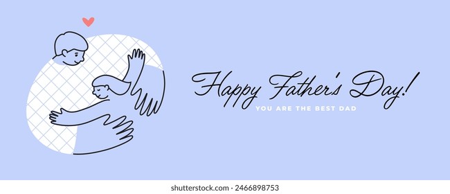 Happy Father's Day wide horizontal greeting card or banner design. Graphic illustration of father and daughter hugging.