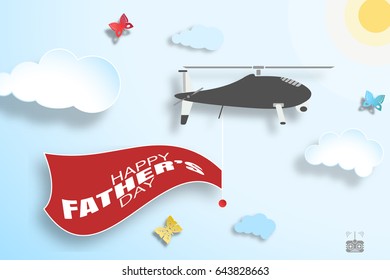 Happy Father's Day wide vector poster with blue sky, sun, paper clouds, helicopter with greeting flag, butterflies and shadows.