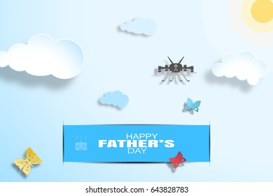 Happy Father's Day wide vector poster with blue sky, sun, paper clouds, drone, blue stripe, butterflies and shadows.