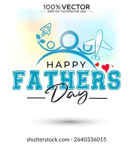 Happy Father's Day wishes card design. Vector illustration of modern Father, playing with daughter and son.