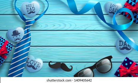 Happy Father's Day wood table background with necktie,glasses and gift box on wood table.Promotion and shopping template for Father's Day.Vector illustration EPS10