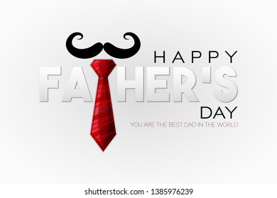Happy Father's Day! You are the best dad in the world. Paper cut style Greeting card for holliday with red tie and hat. Vector illustration on grey background