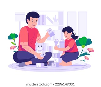 Happy Father's Day. Young Man Father playing with his daughter. Family relationship, Fatherhood, Childhood. Vector illustration