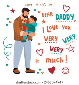 Happy Fathers Day!Cartoon illustration with daddy and child,handwritten Love You very much.Smiling characters hugging and having fun.White background.Vector design for use in banner template,postcard.