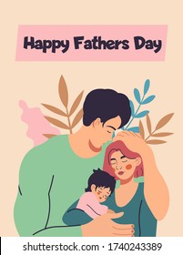 Happy father's day Cute happy family  Smiling mother  father   son hug  Summer vacation  Flat cartoon vector illustration  Drawing for postcard  card poste