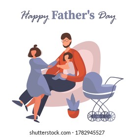 Happy Father's Day.Father with Children Celebrate Father's Day.Happy Family.Dad with Daughters Playing at Home.Best Dad in the World.Flat Vector Illustration