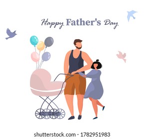 Happy Father's Day.Father with Children Celebrate Father's Day.Happy Family.Dad with Daughter and Baby Stroller.Best Dad in the World.Flat Vector Illustration