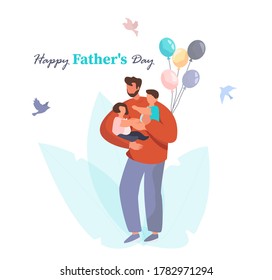 Happy Father's Day.Father with Children Celebrate Father's Day.Happy Family.Dad with His Son and Daughter in His Arms.Best Dad in the World.Flat Vector Illustration