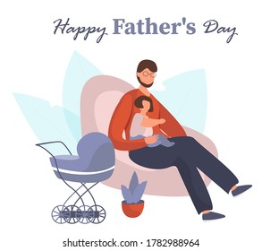 Happy Father's Day.Father with Children Celebrate Father's Day.Happy Family.Dad with his  Daughter in his Arms.Best Dad in the World.Flat Vector Illustration