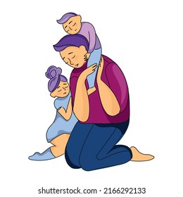 Happy Father's Day.Father two kids have fun together vector illustration.Beautiful character father with children on white background for lifestyle design.Happy family leisure