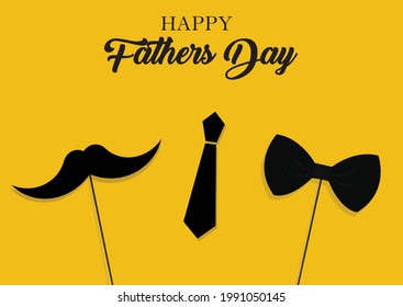 Happy fathers day.Mustaches and bow on sticks and tie isolated on yellow  background.