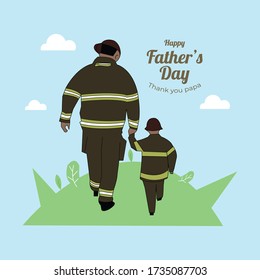 Happy Fathers With A Firefighter And His Son