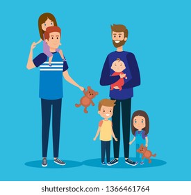 happy fathers friends with their daughter and sons