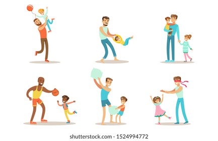 Happy Fathers Playing, Having Fun and Enjoying Good Time with Their Kids Set Vector Illustration