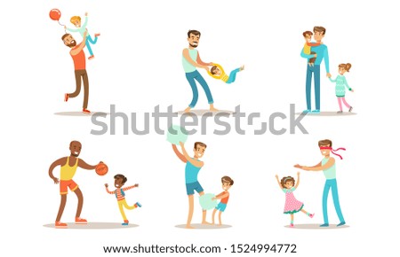 Happy Fathers Playing, Having Fun and Enjoying Good Time with Their Kids Set Vector Illustration