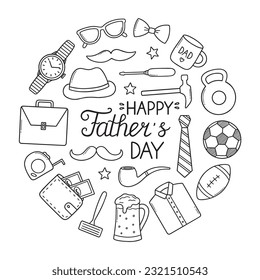 Happy Father's day doodle set. Tie, mustache, hat, hammer, glasses, watch in sketch style. Hand drawn vector illustration isolated on white background