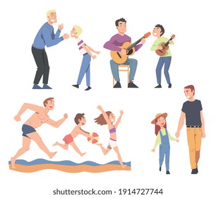 Happy Fathers Spending Time Together with Their Children Set Cartoon Style Vector Illustration