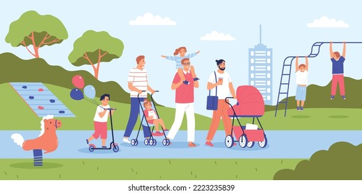 Happy fathers walking with their kids on playground flat vector illustration