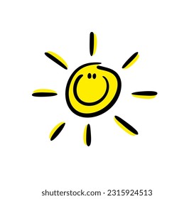 Happy fave icon sun with smile and sunshine. Vector illustration of yellow star. Cartoon image isolated on white background.