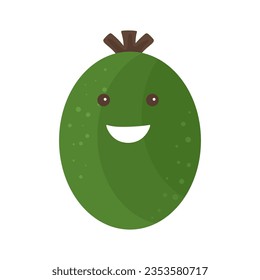 Happy Feijoa fruit character. Cute and funny feijoa sellowiana with happy smiling face expression isolated. Acca Sellowiana fruit in childish kids style. Flat vector illustration