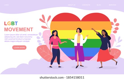 Happy female activists celebrating gay pride. Group of women over rainbow background. LGBT movement or pride concept for banner, website, webpage, landing page template. Cartoon vector illustration