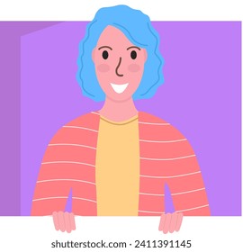 Happy female with blue hair holding a blank sign. Cartoon woman in striped shirt presenting an empty banner. Friendly character with cheerful expression vector illustration.