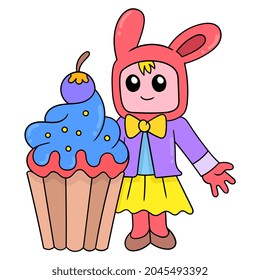 Happy female bunny hugging giant cupcake, vector illustration art. doodle icon image kawaii.