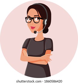 Happy Female Call Center Agent. Woman wearing headset answering customer service
