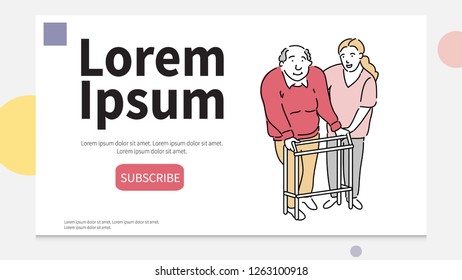 Happy female caretaker helping old man in using walker at nursing home. Line art characters design illustration. People characters flat design. nursing home vector concept. 