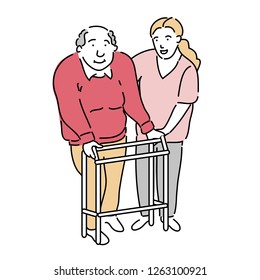 Happy female caretaker helping old man in using walker at nursing home. Line art characters design illustration. People characters flat design. nursing home vector concept. 