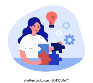 Happy female cartoon character putting pieces of puzzle together. Woman with new idea solving problem flat vector illustration. Strategy, solution, success concept for banner or landing web page