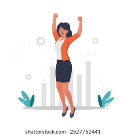 Happy Female Celebrating Success with a Joyful Jump in a Flat Style Vector Illustration, Capturing the Essence of Victory