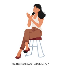 Happy Female Character Applaud, Support Somebody. Woman Clap Hands Sitting on Chair Isolated on White Background. Applause, Celebration, Winner Appreciation Concept. Cartoon People Vector Illustration