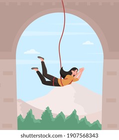 Happy female character is bungee jumping from a bridge. Young fearless woman is enjoing bungee jumping from a bridge on the rope. Concept of extreme sports. Flat cartoon vector illustration