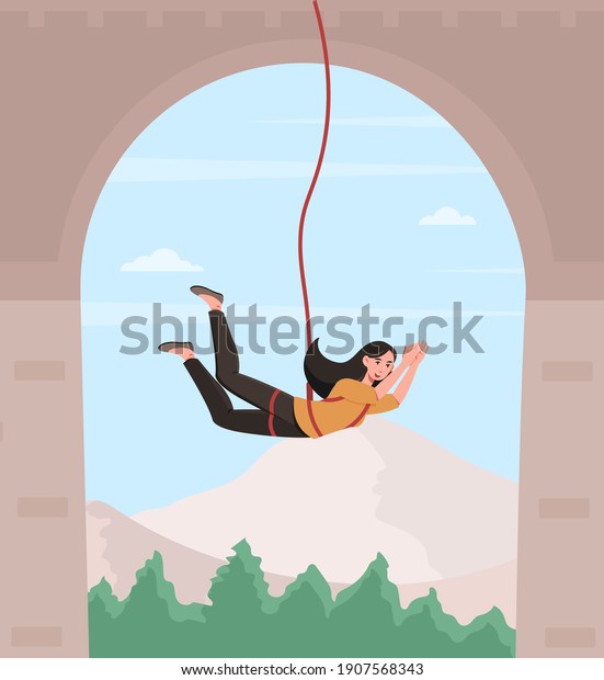 Happy\
female character is bungee jumping from a bridge. Young fearless\
woman is enjoing bungee jumping from a bridge on the rope. Concept\
of extreme sports. Flat cartoon vector\
illustration
