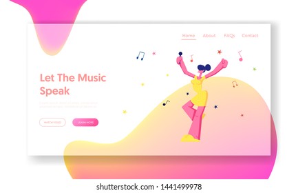 Happy Female Character Cheerfully Singing Song in Karaoke Bar, Young Girl with Microphone Performing on Party. Weekend Leisure Website Landing Page, Web Page. Cartoon Flat Vector Illustration, Banner